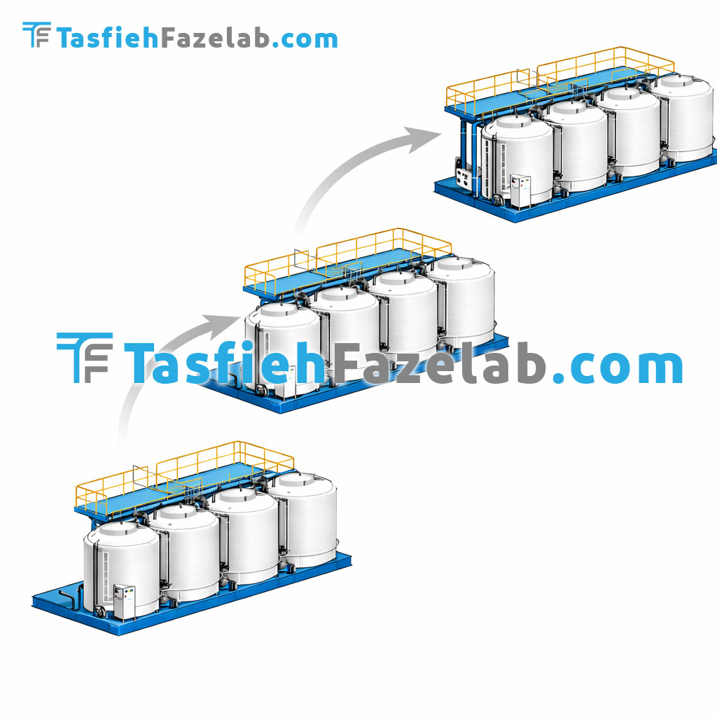 شماتیک توسعه پکیج تصفیه فاضلاب ماژولار فایبرگلاس با افزودن ماژول جدید و افزایش ظرفیت تصفیه